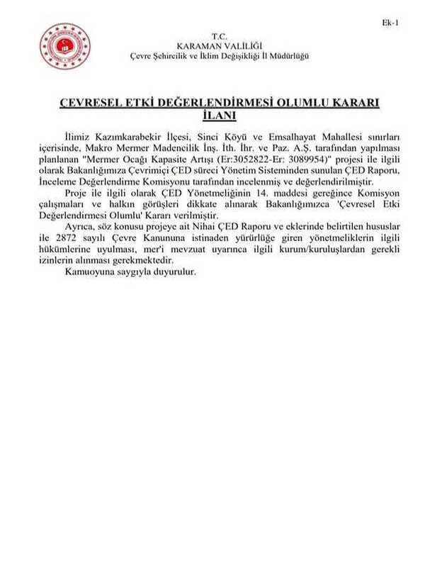 Çevresel Etki Değerlendirmesi Olumlu Kararı İlanı